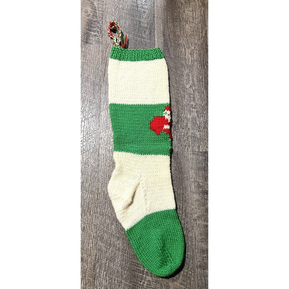 VINTAGE Hand Knit Knitted Christmas Stocking Angora Hair Santa Green White MCM